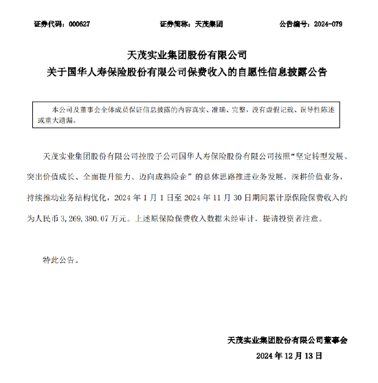 天茂集团：国华人寿1—11月累计原保险保费收入约326.94亿元