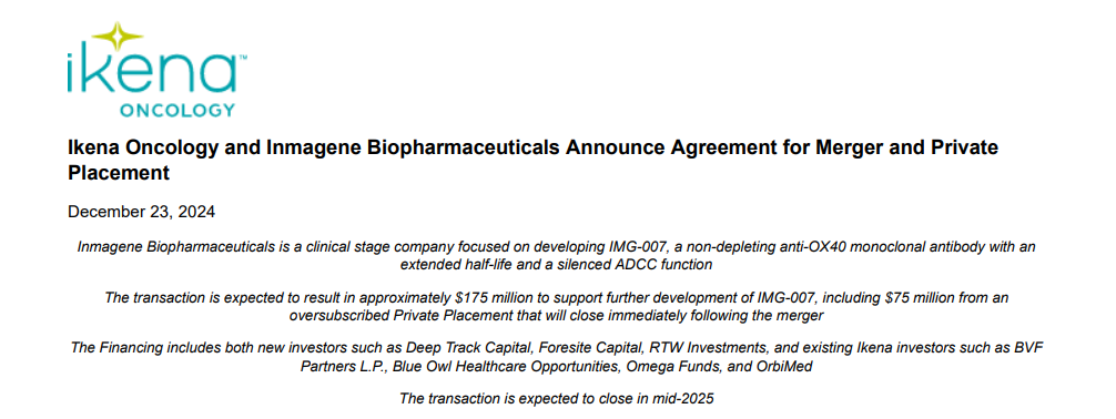 创响生物与Ikena Oncology合并，融资7500万美元 ，OX40 单克隆抗体能否撑起未来？